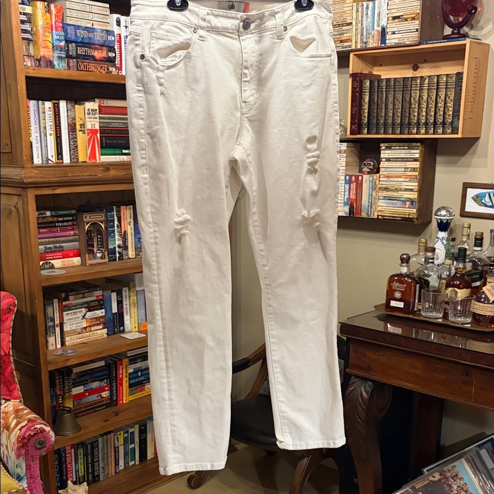 CAbi Women's White High Rise Distressed Jeans